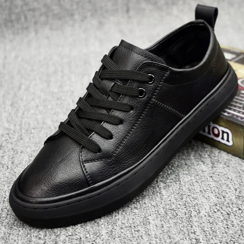 

Solid Color Fashion Casual Sneakers Men Spring Autumn Lace Leather Board Shoes Male New Designer Black White Zapatos De Hombre