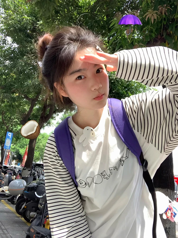 T-shirt lunga casual a righe Sve da donna vestibilità ampia dimagrante pigro versatile top in puro cotone confortevole traspirante autunno ne...