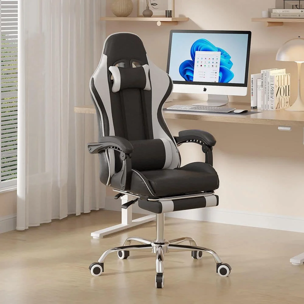 Reclining Gaming Chair Faux Leather Adjustable Height Ergonomic Gaming Chair in Black with Footrest, Lumbar Support