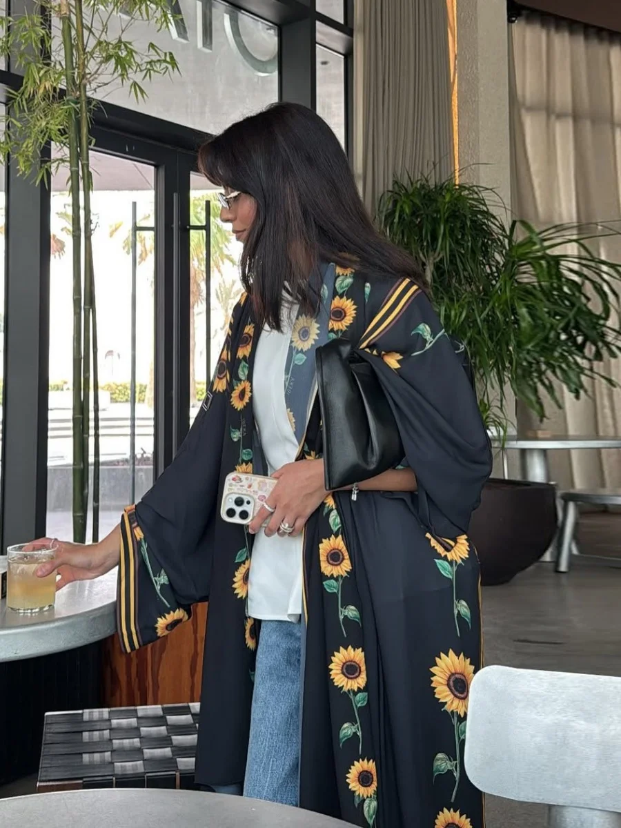 Mulheres muçulmanas dubai abaya girassol impressão quimono cardigan luxo preto vestido longo modesto kaftan robe femme roupas islâmicas
