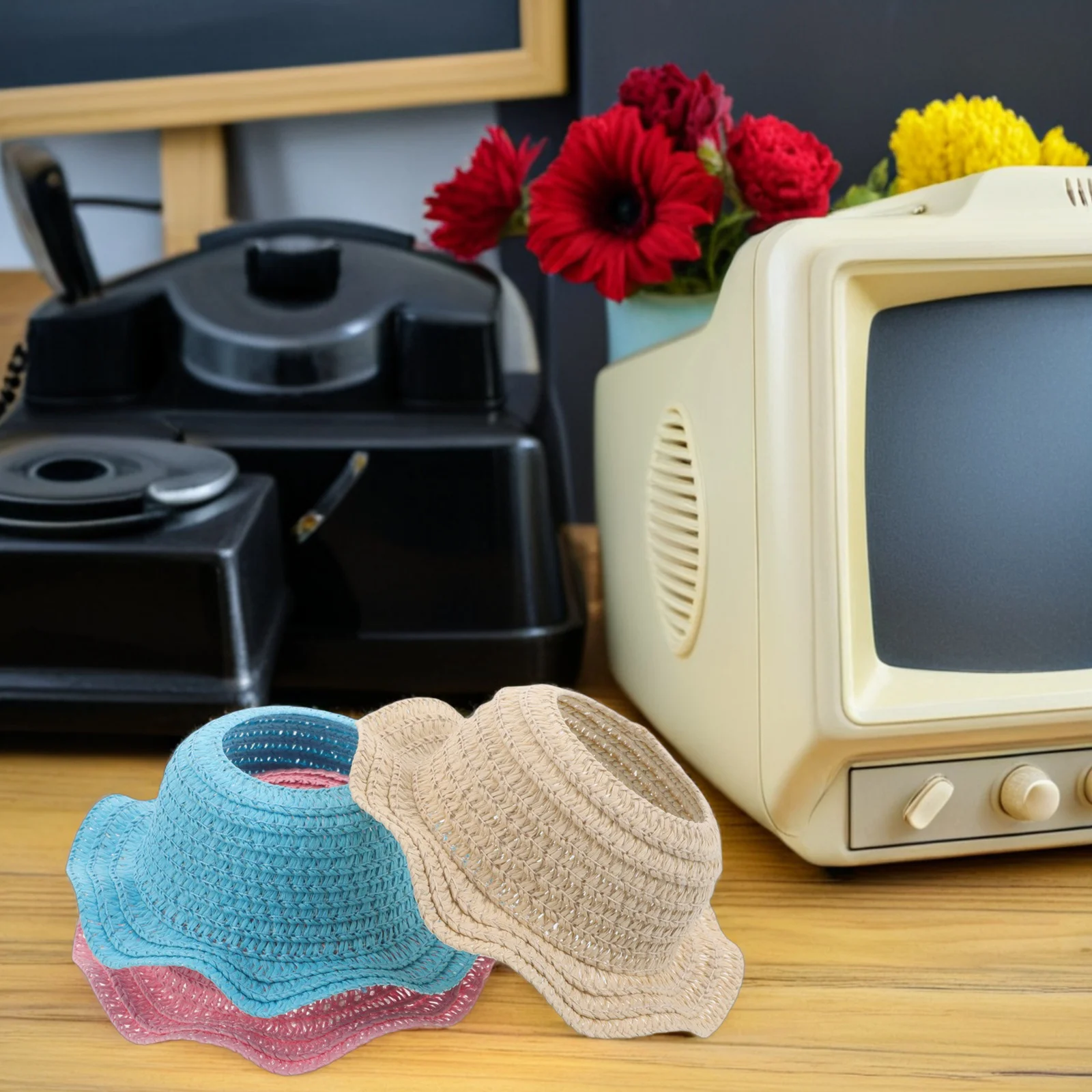 3 قطع قبعات كروشيه مصنوعة يدويًا من القش قبعات صغيرة للحماية من الشمس خفيفة الوزن مناسبة لملحقات فستان 17 سم مفتوحة من الأعلى #2