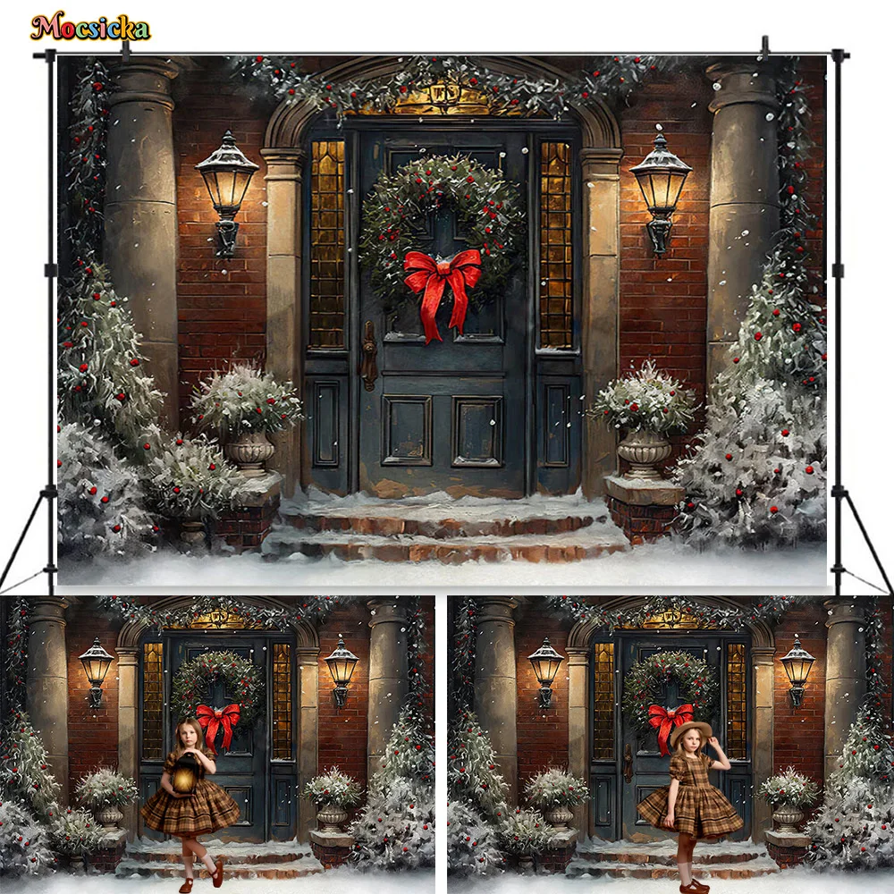 

Merry Christmas Photography Background Vintage Xmas Door Wreath Lights Backdrop Winter Kid Family Outdoor Snowy Photozone Studio