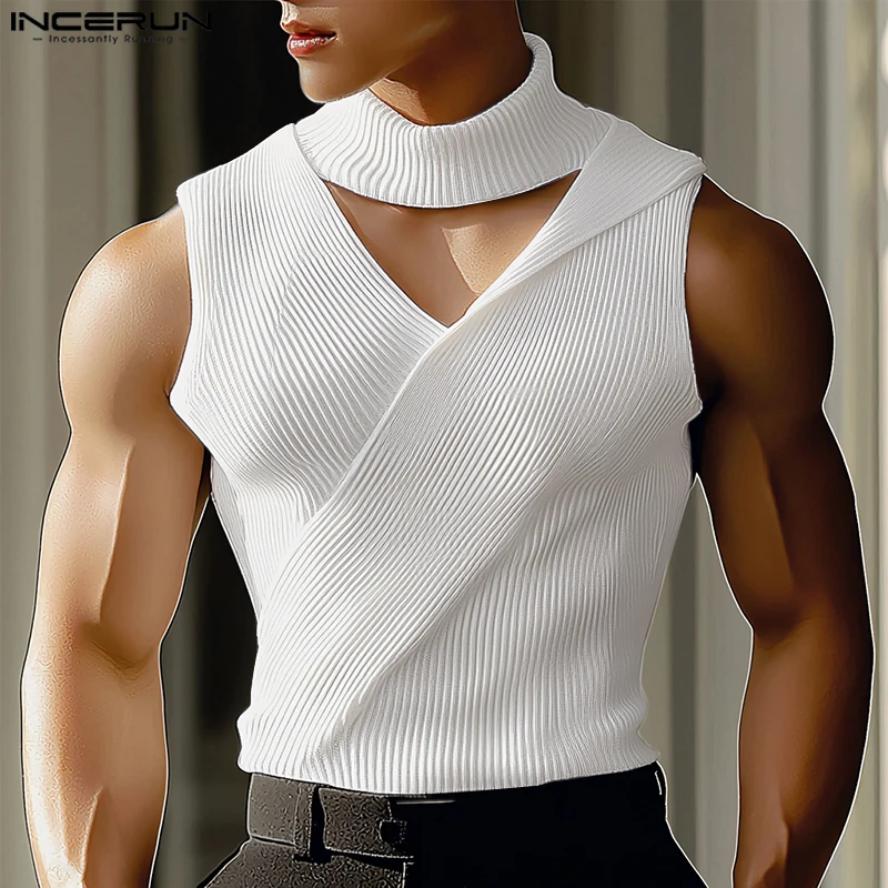 

INCERUN Men Tank Tops Solid Color Knitted Turtleneck Sleeveless Male Vests Tops Streetwear Summer Hollow Out Sexy Men Clothing