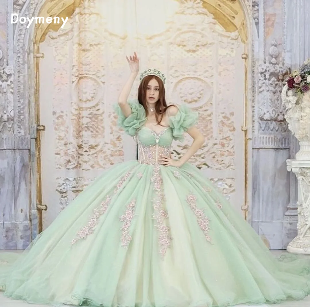 Doymeny 3D Flowers Quinceanera Dresses Puffy Short Sleeves Beads Party Dress Sweet 15 vestidos de 15 quinceañe