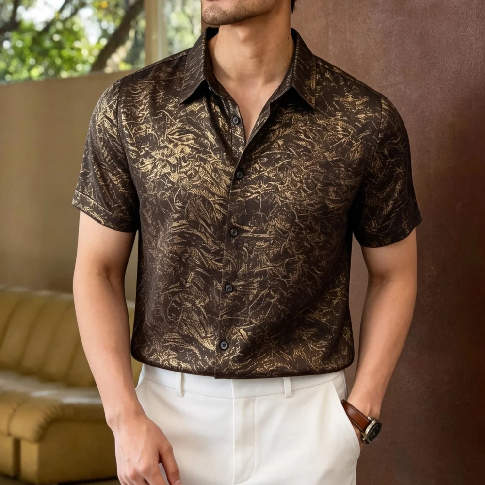 High-end Golden Gradient Shirts for Men Summer Short Sleeve Slim Man Dress Shirt Vintage British Style Male Clothes Streetwear