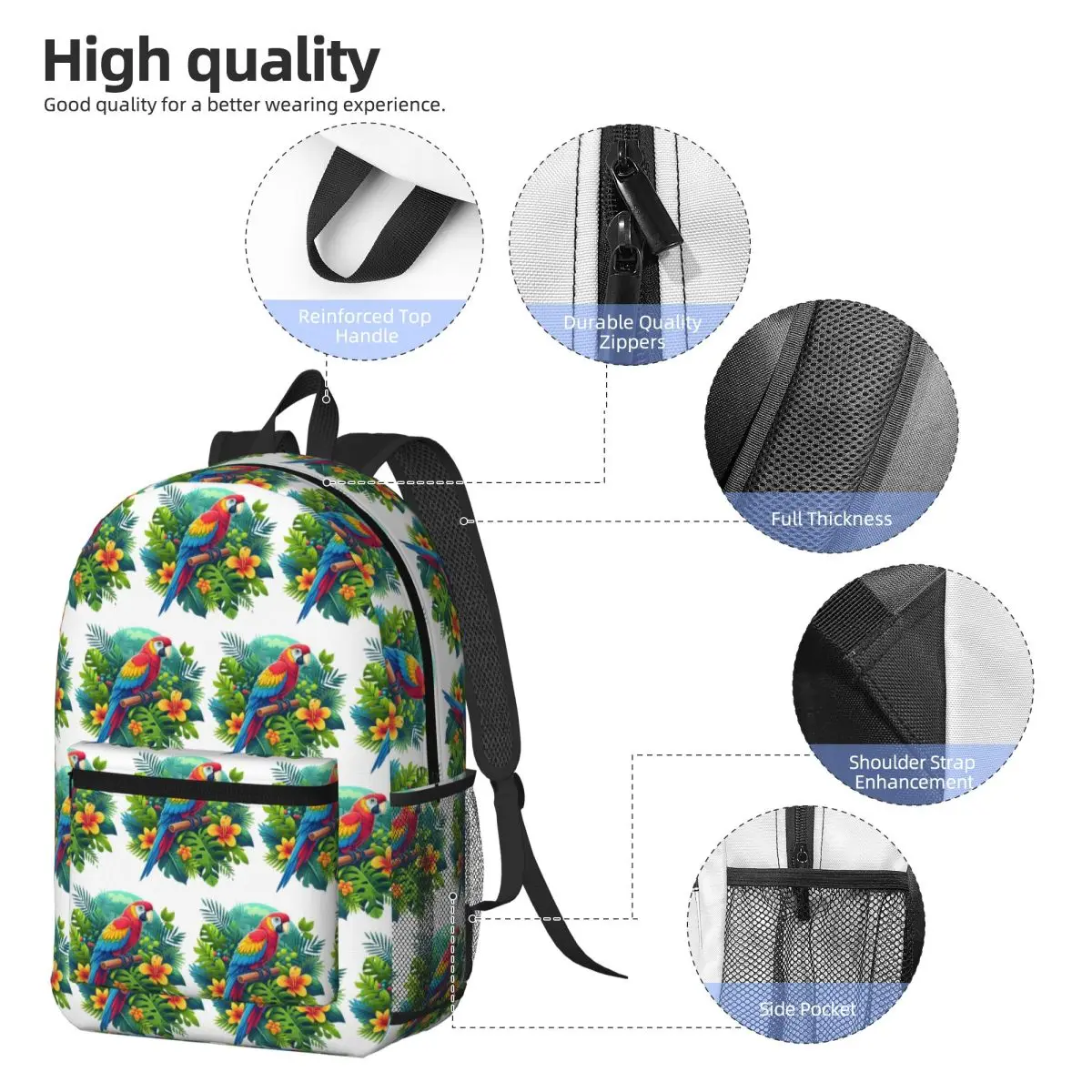 Colorful Tropical Parrot With Flowers Print Backpack Daypack Large Capacity BookBag School Bag Shoulder Bags for Men Women