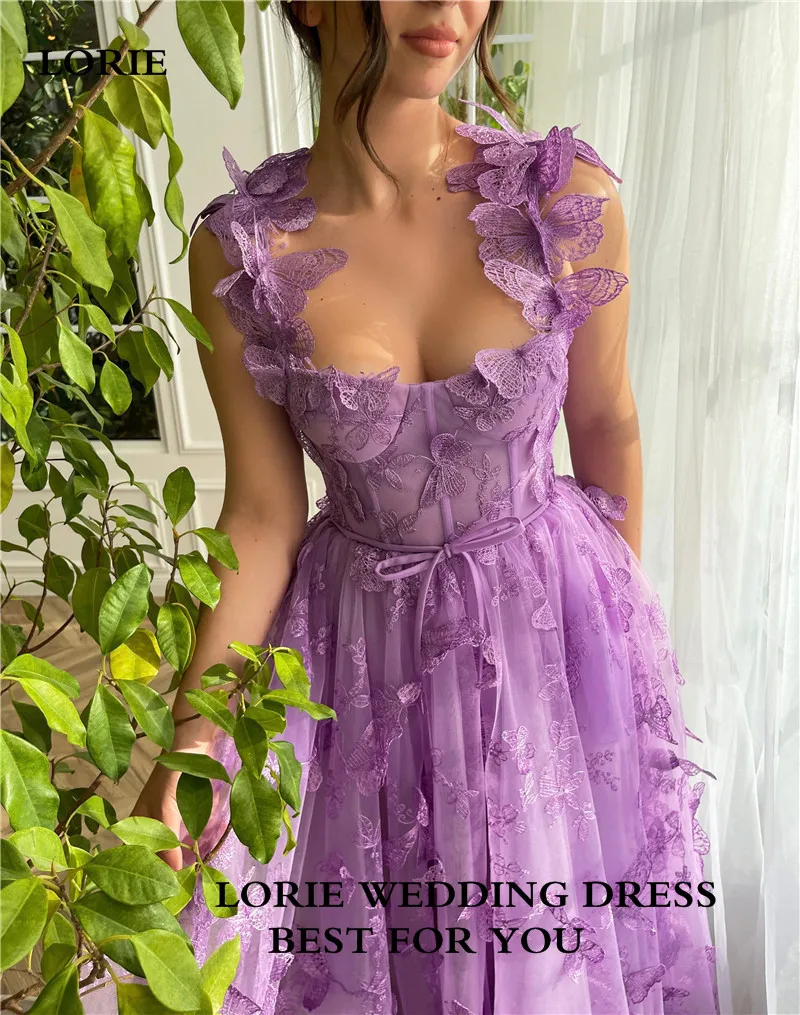 LORIE Purple Prom Dresses A Line Ankle Length Floral 3D Butterfly Lace Prom Party Gowns 2023