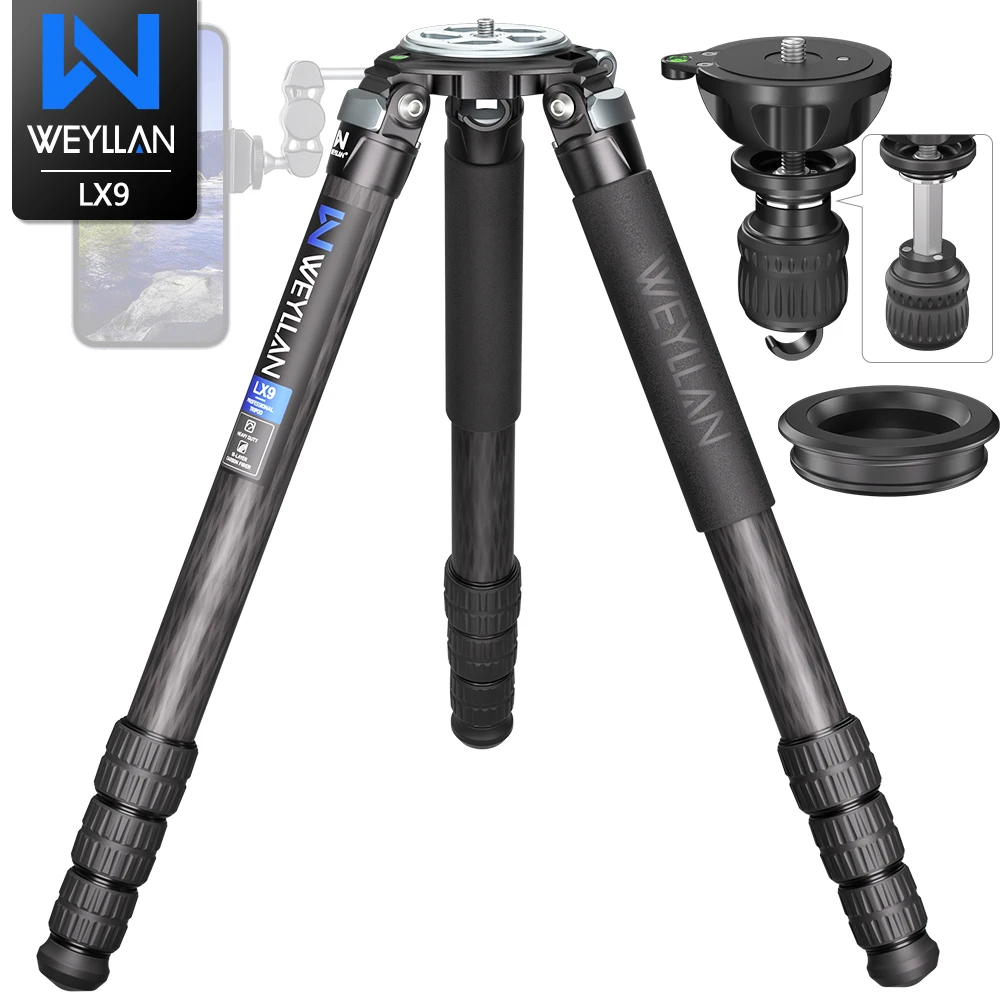 Wey Teknik LX9 Profesjonalny, wytrzymały statyw z włókna węglowego do lustrzanki cyfrowej 10-warstwowy maksymalny 40 mm bardzo stabilny adapter do miski 75 mm