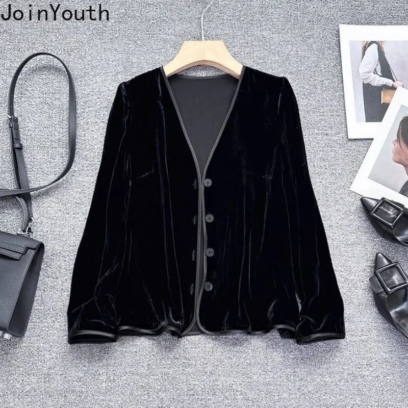 Velvet Black Jackets 2024 Women\'s Clothing Chinese Style Vintage Outwear Ropa Mujer Oversized Tops V-neck Chic Temperament Coats