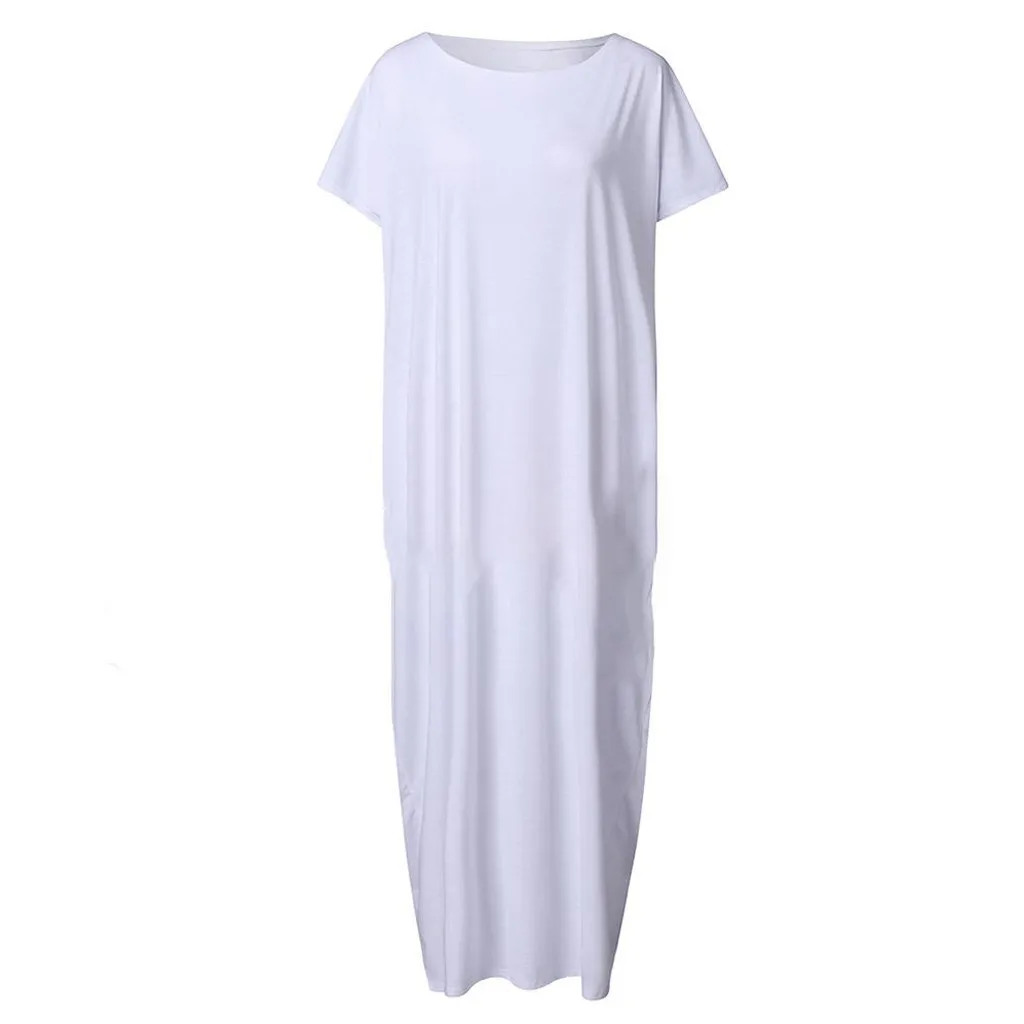 Vestido largo blanco de manga corta con cuello oblicuo para mujer, vestido informal holgado para casa, camiseta con hombros descubiertos, vestido Maxi