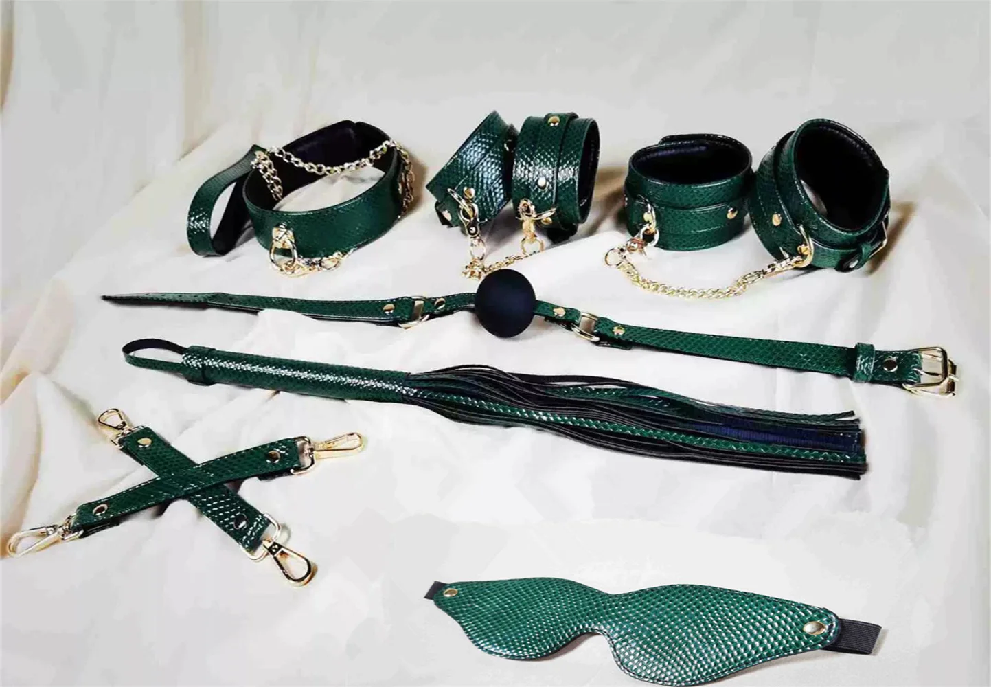 

Snake leather SM binding set, 18+adult fun binding, handcuffs, ankle cuffs, whip, eye mask, mouth ball, collar, fixator