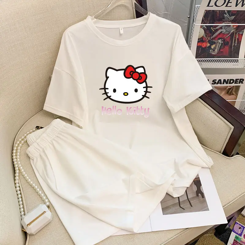 Hello Kitty Anime Cartoon Cute Colorful Pajama Lady Cute Summer Ice Silk Short Sleeve Shorts Comfortable Women Home Wear Set