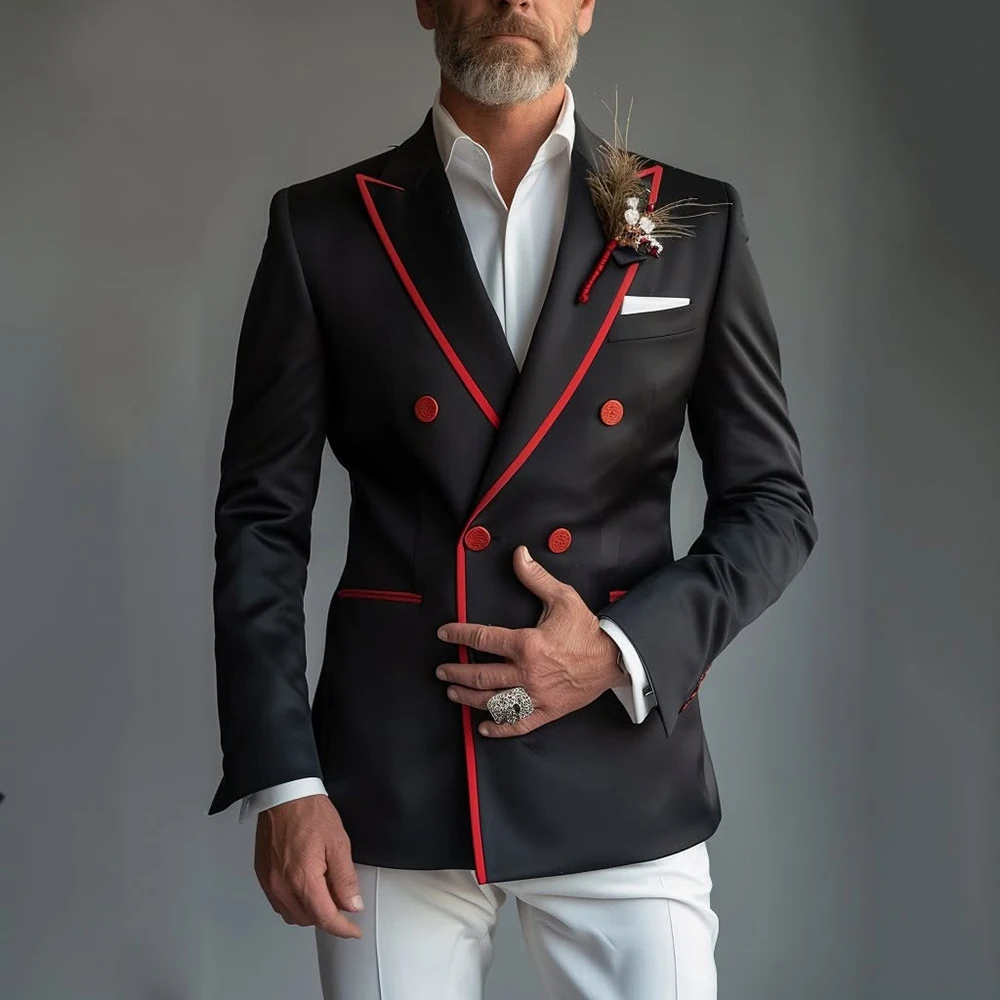 

Роскошные мужские костюмы, деловая черная куртка с белыми брюками, высококачественный двубортный костюм с острым лацканом, облегающий мужской костюм