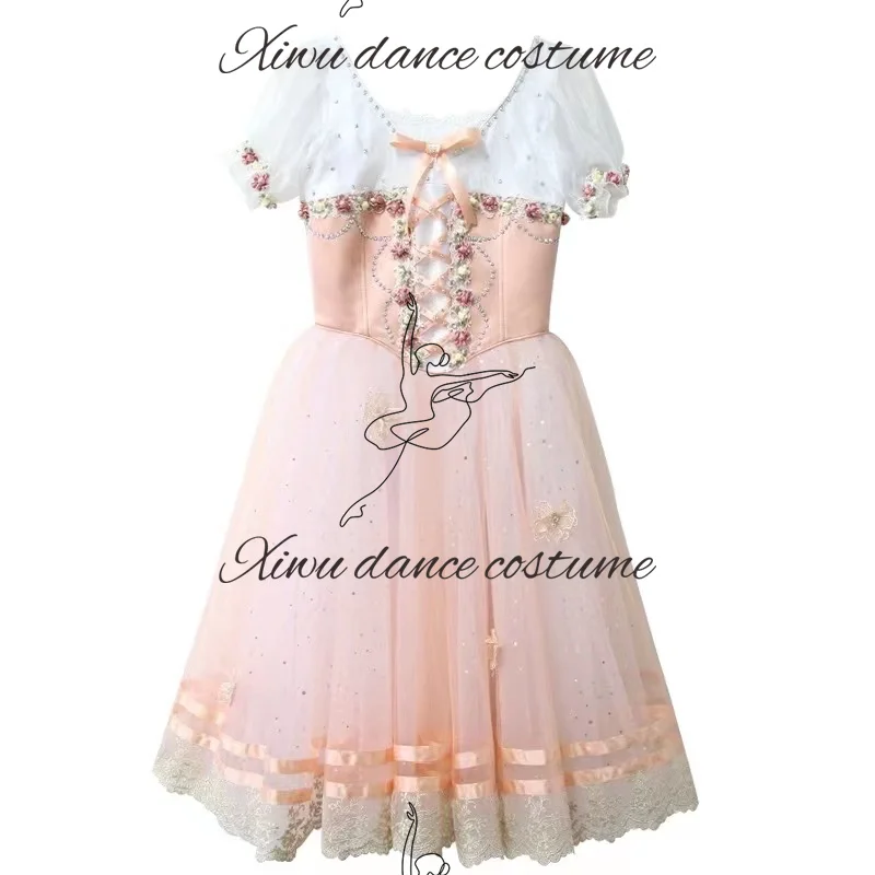 

New Professional Custom Size Kids Girls Women Adults Peasant Performance Wear Costumes Long Salmon Pink Romantic Tutu Dress