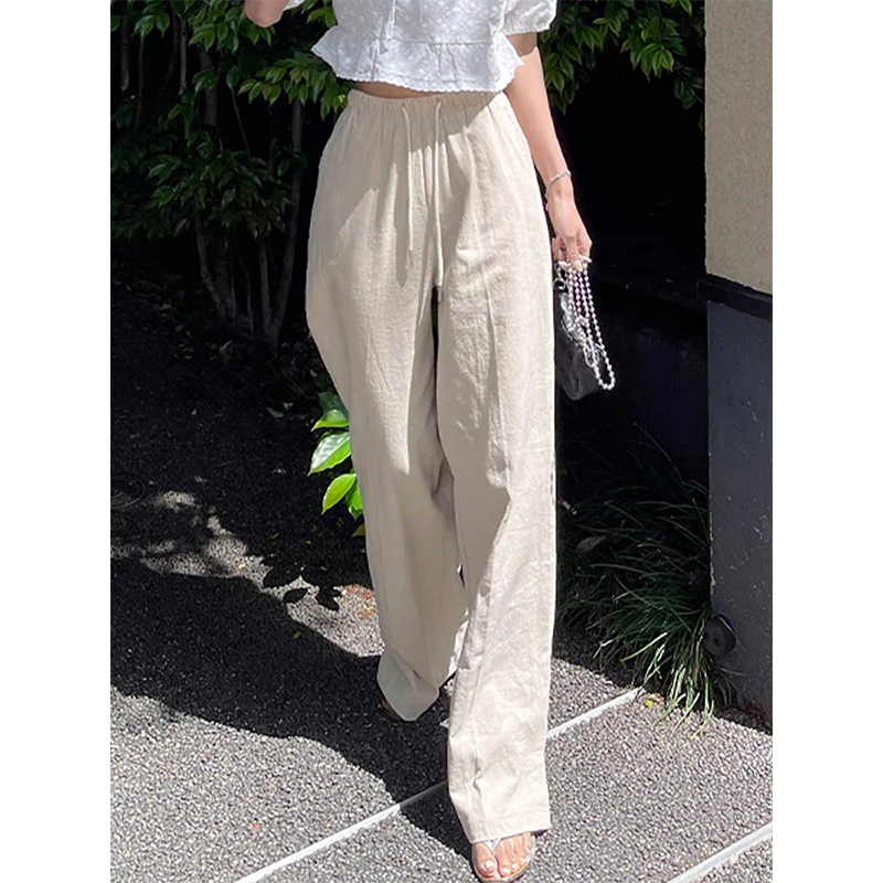 

Cotton Linen Women Pants Casual Solid High Waist Drawstring Trousers Korean Fashion Sweatpants Pantalones De Mujer