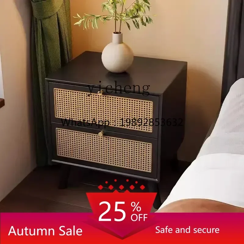 

Solid wood bedside table rattan black walnut color bedroom bedside storage household double pumping locker