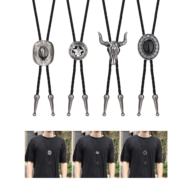 4Pcs Leather Cord Bolo Tie Accessories for Men’s Cowboy Vest and Western Outfit  Leather Cord Necktie Necklace with Pendant