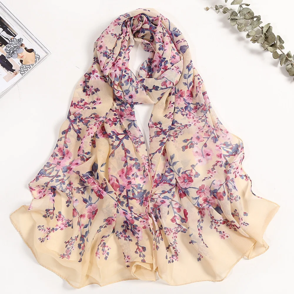 Plum Bossom Summer Chiffon Scarf Women Foulard Shawl Bandana Elegant Beach Sun Protection High Quality