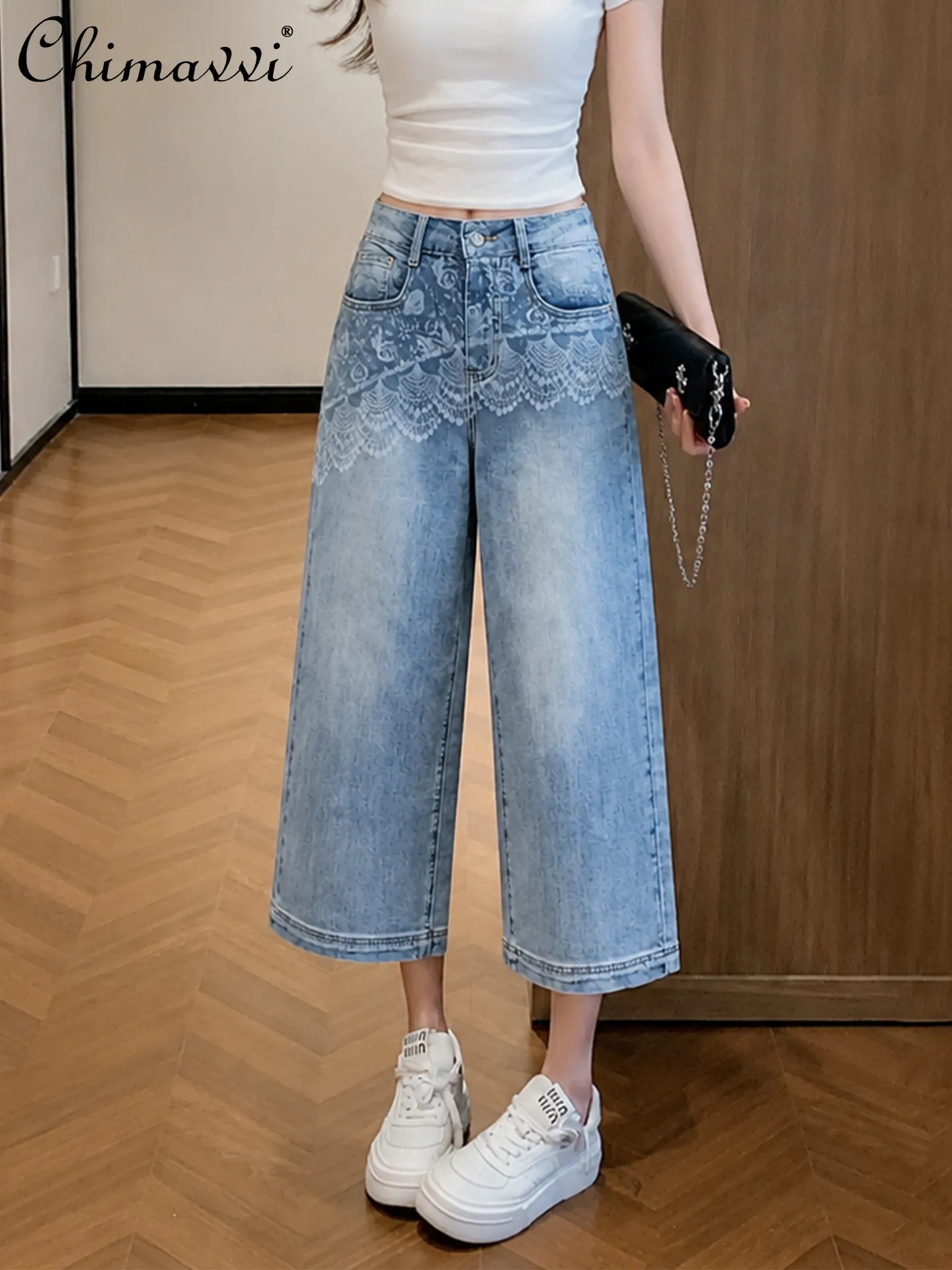 

Heavy Printing Hot Diamond Eight-point Jeans Women Summer New Fashion High Waist Loose Slim Retro Distressed Straight-leg Pants