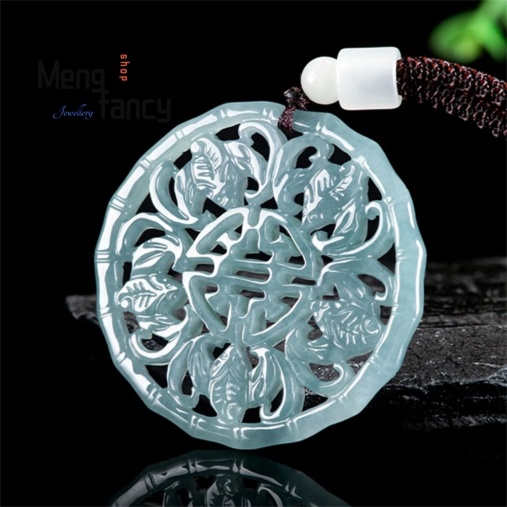

Natural A-Grade Jadeite Blue Water Five Blessings Arrive At The Door, Presenting Longevity Pendant, Glutinous Seed Jade Pendant