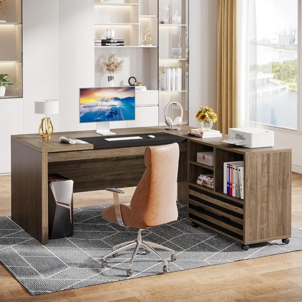 62.2 "Executive Desk with Mobile Filing Cabinet, L-shaped Office Desk with Storage Rack,large Computer Desk Home Workstation Set