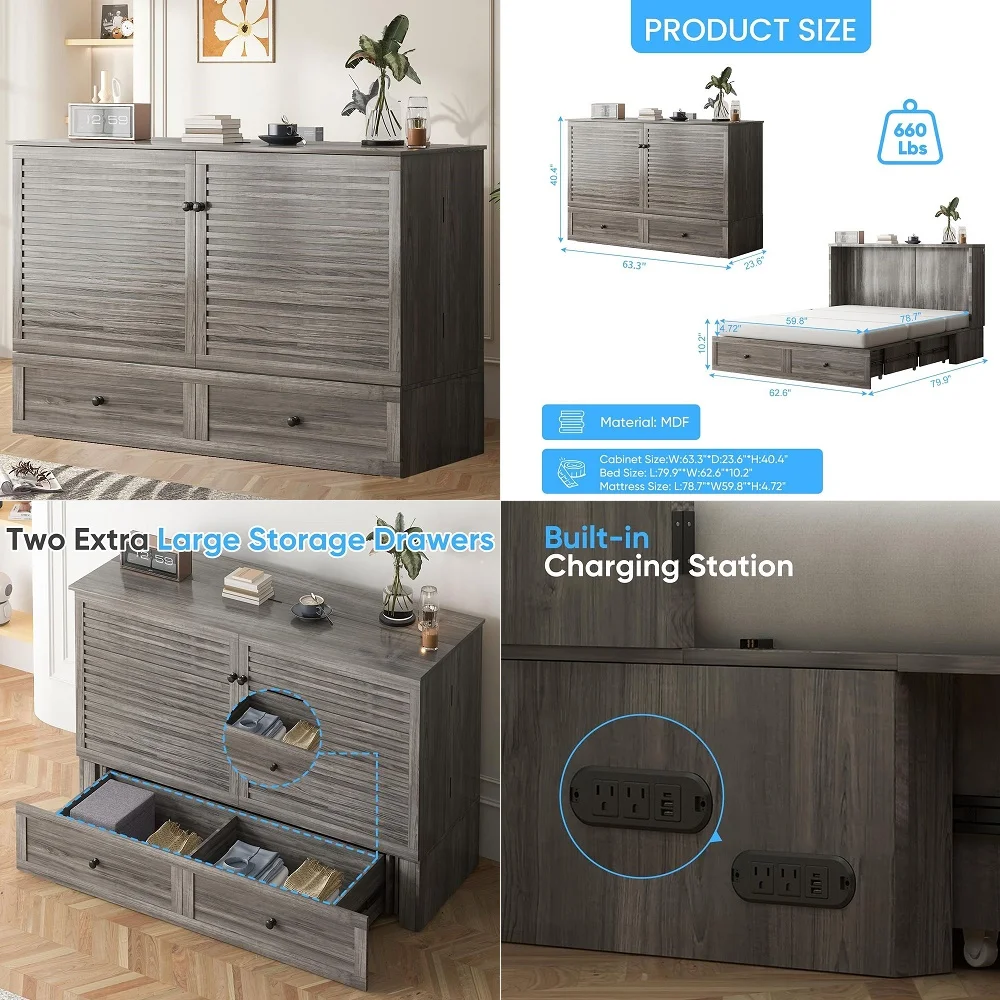 

63 W Queen Size Murphy Bed Cabinet with TriFolding Mattress and USB Charging Station, Modern Guest Wall Beds Chest Cabinets Bed