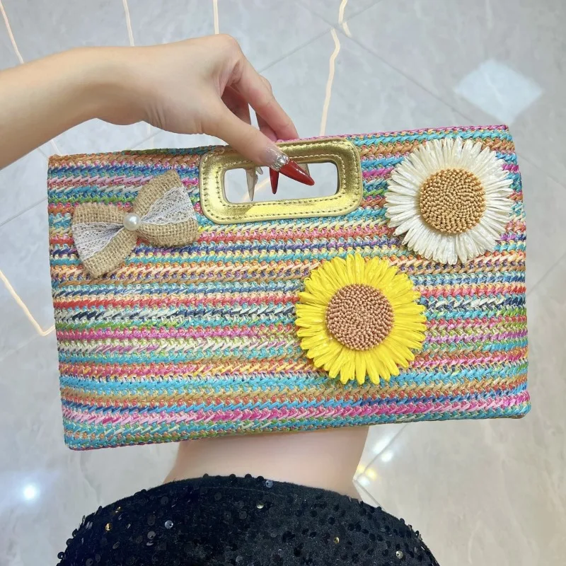 

Rainbow-colored Striped Woven Straw Handbag New Fashionable Casual Top Handle Bag with Floral Butterfly Knot Element Soft Square