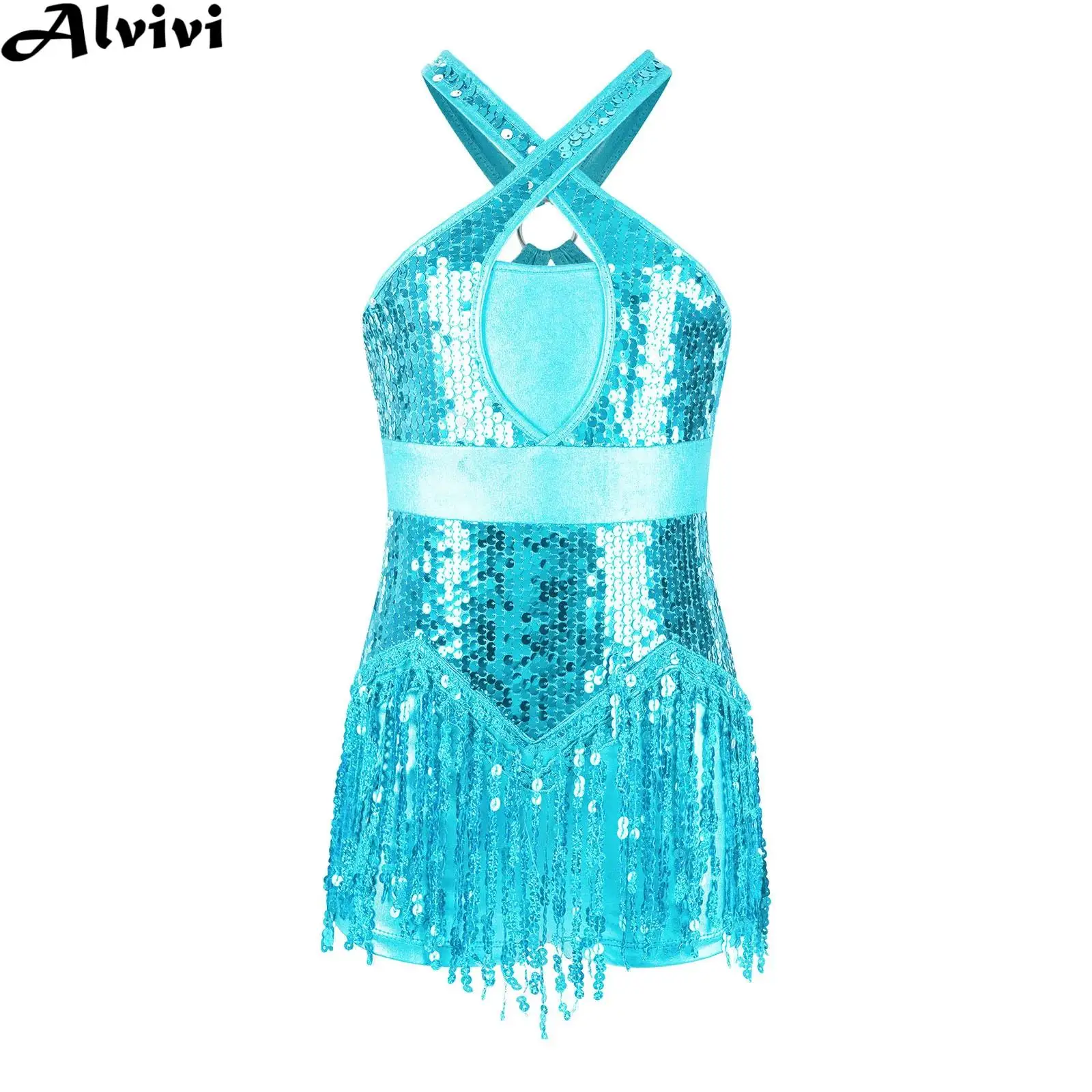 

Kids Girls Sequins Tassel Latin Jazz Dance Leotard Dress Cha-Cha Rumba Samba Tango Bodysuit Party Stage Performance Dancewear