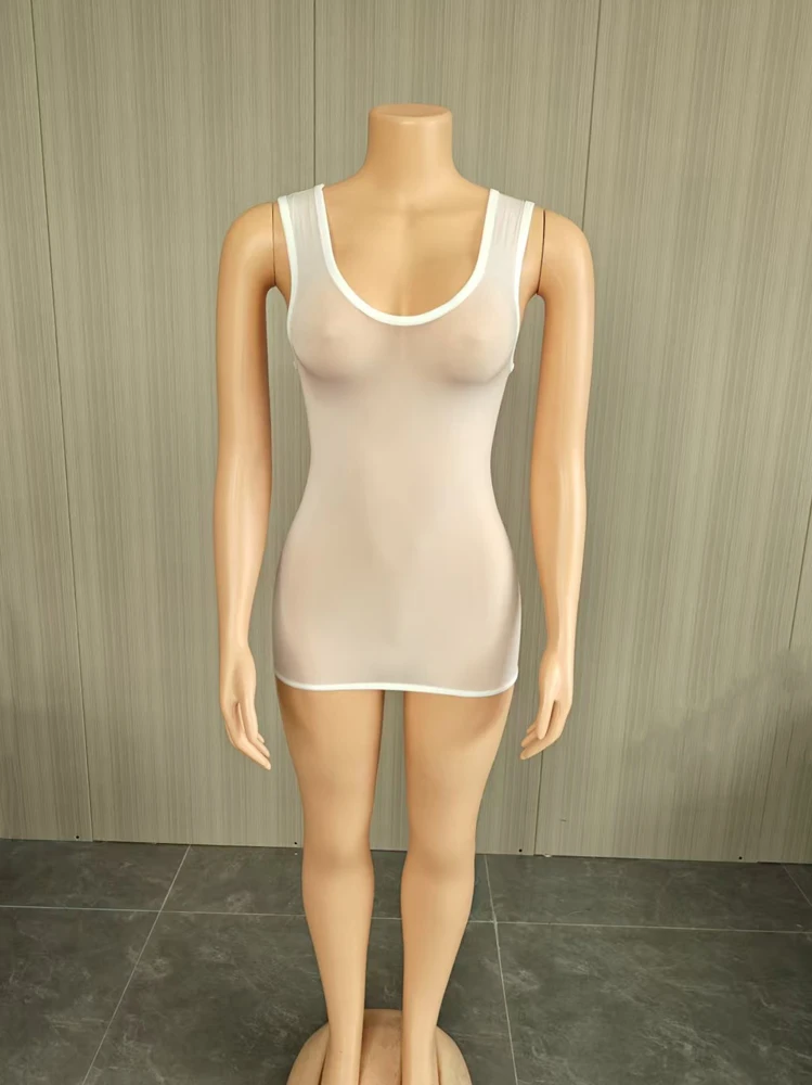 JENYAGE Sexy glänzendes, transparentes Tank-Minikleid für Damen, Stretch-Mesh, figurbetont, für Nachtclubs, ärmellos, mit Rundhalsausschnitt, durchsichtiges Partykleid – Detail 8
