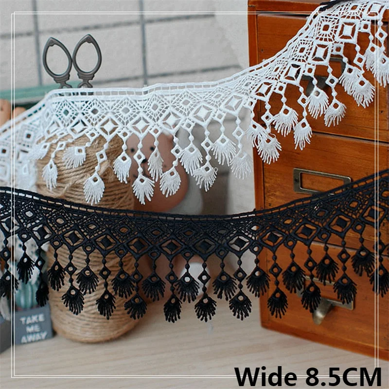 8.5CM Wide White Black Cotton Tassel Embroidered Lace Material Fringed Trim Ribbon Cloth Curtains Dress Hem DIY Sewing Decor