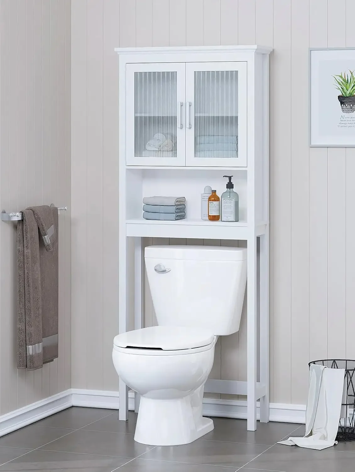 Over The Toilet Cabinet for Bathroom Storage, Above Toilet Storage Cabinet with Tempered Glass Doors, White