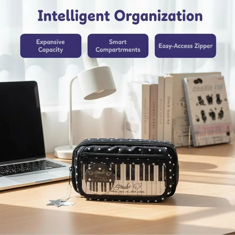 Piano Keyboard Printed Pencil Case Large Capacity Multiple Pockets Portable Stationery Bag for Girls Boys School Use