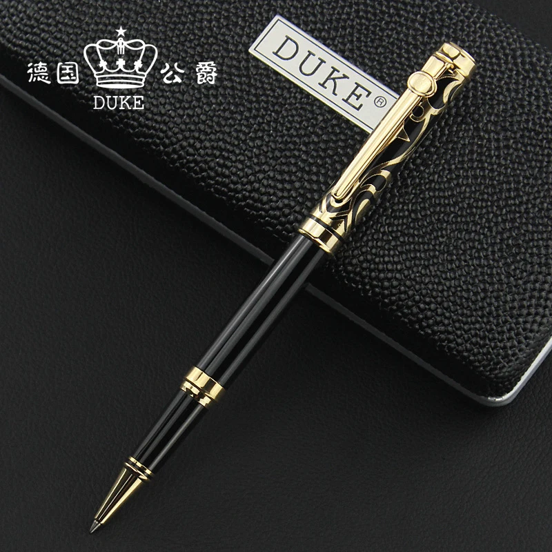 

Duke Metal Sapphire Flower Pattern Gold Trim Refillable Roller Ball Ballpoint Pen Professional Office Stationery Writing Tool