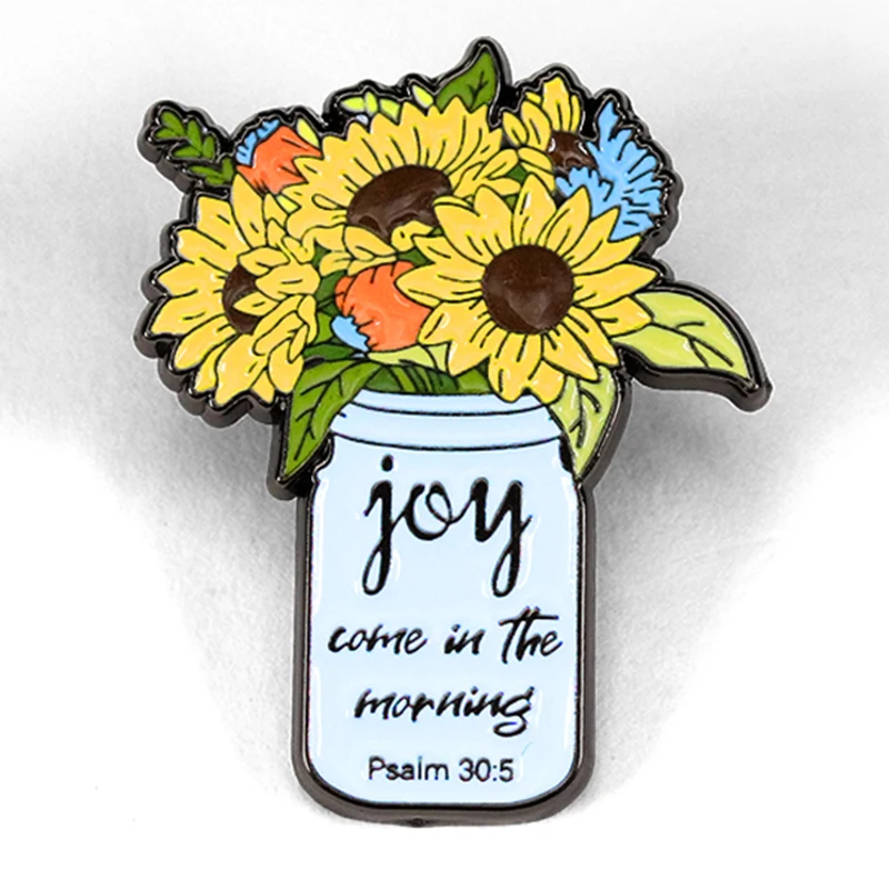 Joy Comes In The Morning Psalm 30:5 Badge Sunflower Jar Lapel Pin Bible Verse Brooch Encouraging Scripture Jewelry Decorative