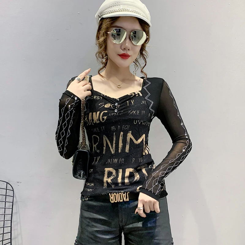 MadBlack European Clothes Tshirt Women Square Collar Letter Print Slim Bead Mesh Top Long Sleeve Elastic Tees Autumn T39106JC