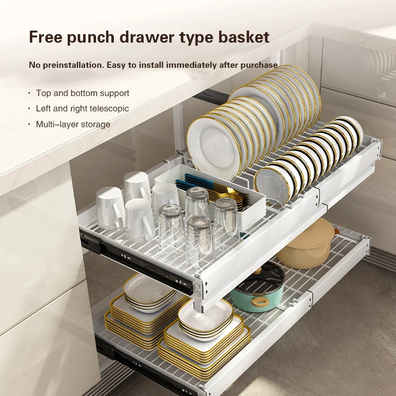 Under The Dish Kitchen Cabinet Lower Bowl Dishe Bowl Plate Storage Rack Built-In Drawer Bowl Rack Layered Push Pull Storage Draw