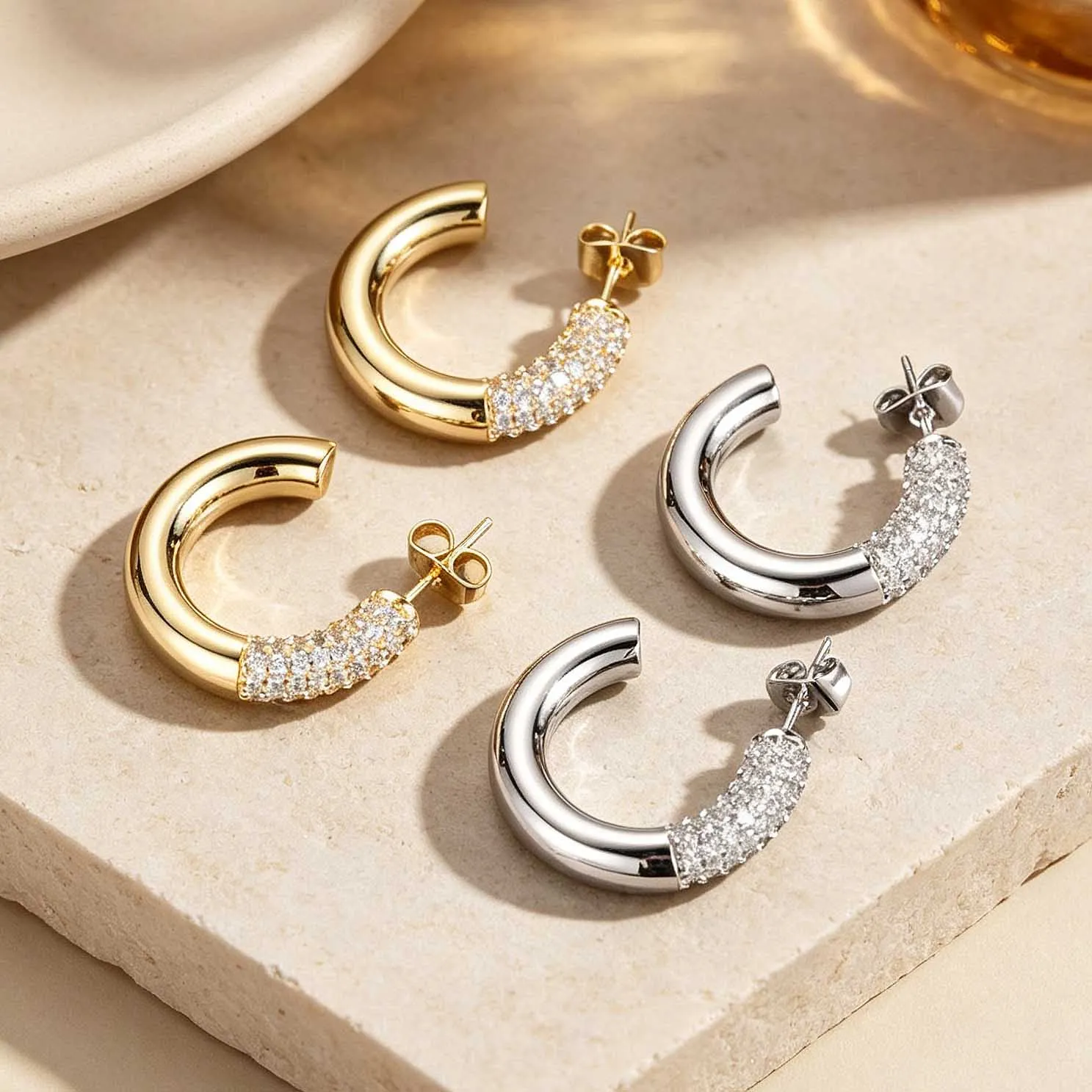

Fashion Stainless Steel Round Tube C-Shaped Hoop Earrings For Women Vintage Zircon Ear Rings Waterproof Banquet Jewelry Gifts
