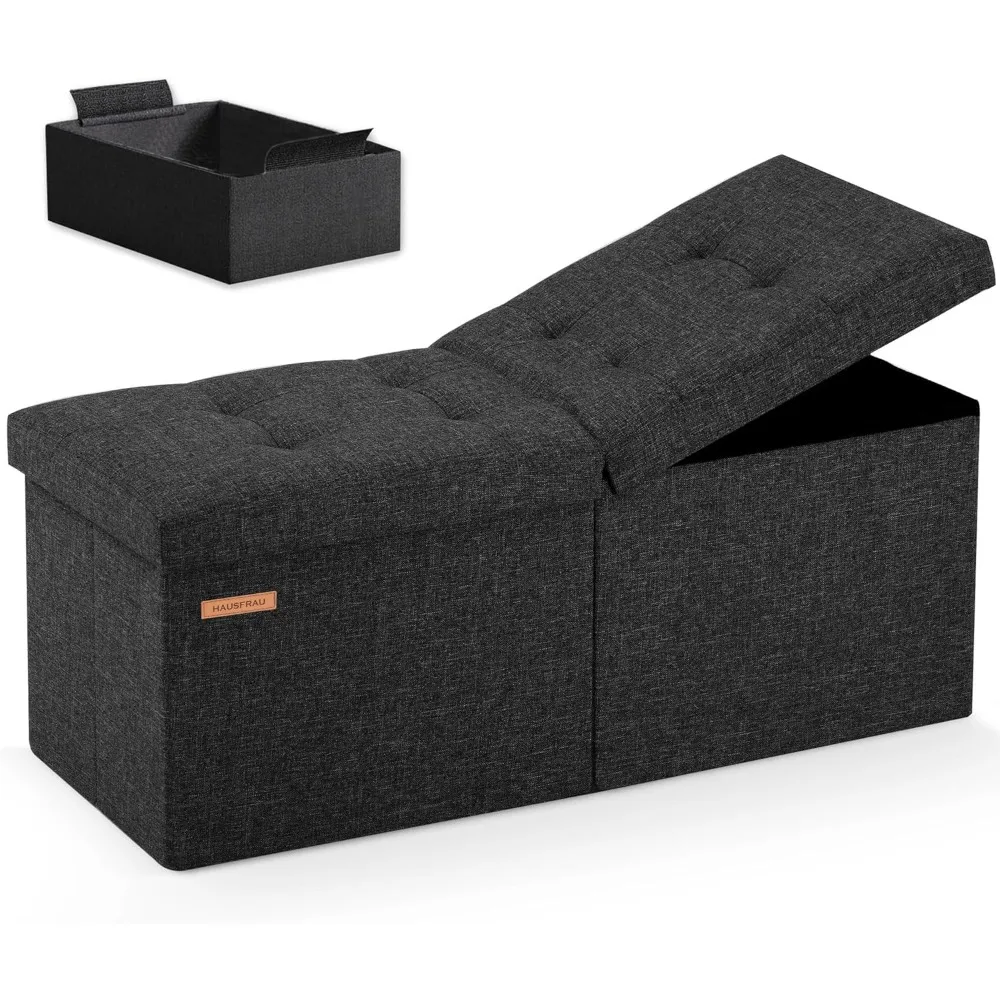 

Folding Storage Ottoman Bench with Flip Top Lid Small Foot Rest Stool for Bedroom Living Room Linen Black