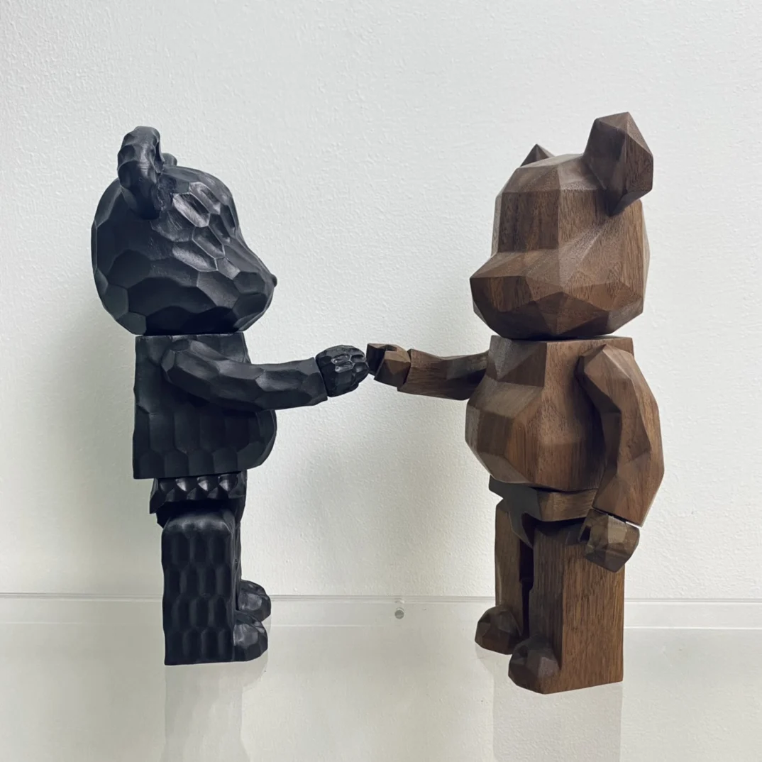 Bearbrick 400% 28cm Karimoku x Fragment (Carved Wooden) 400% Black Diamond Wave Bear Collectible Figurine Gift