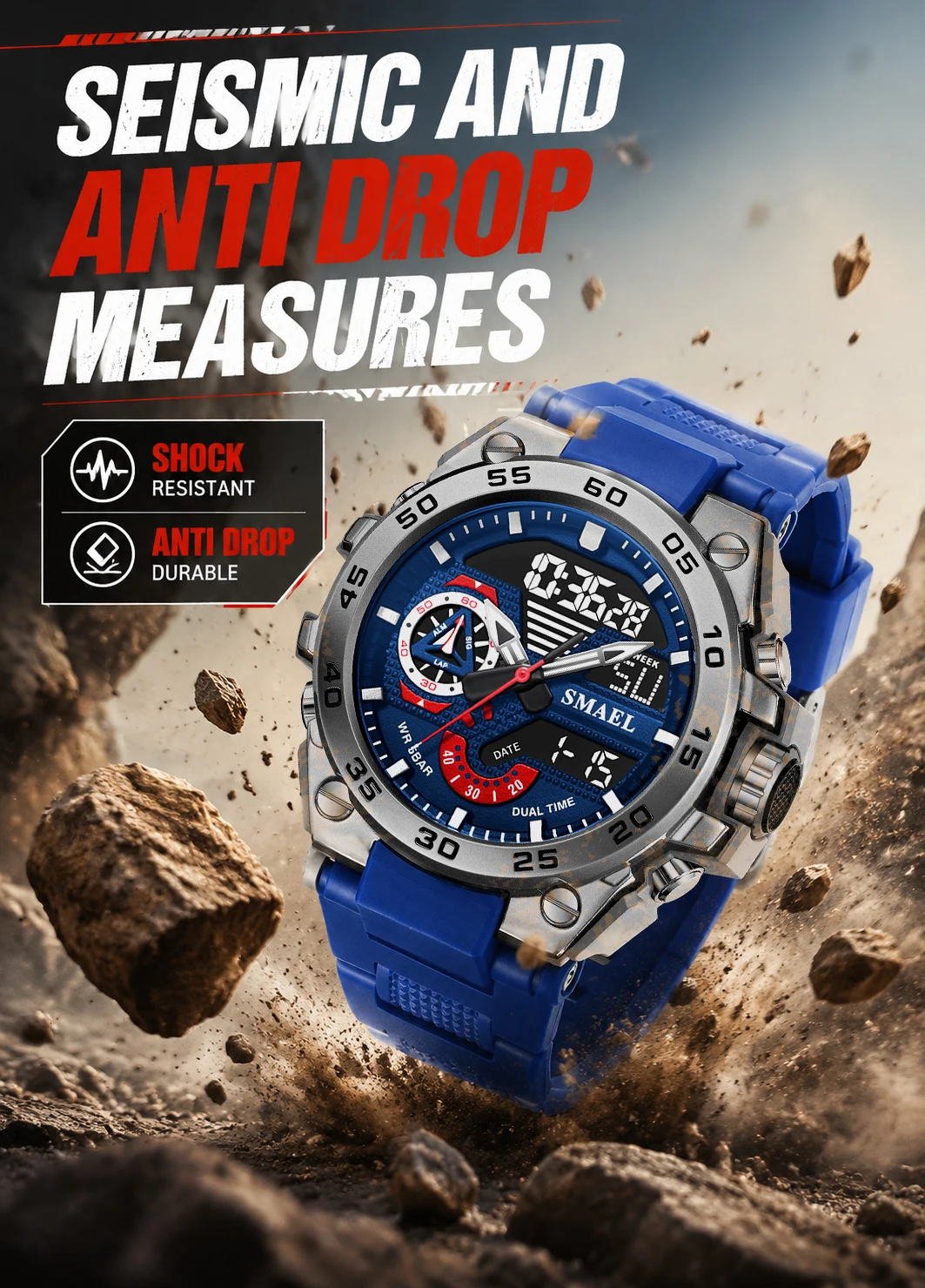 SMAEL 8169 Men’s Analog Digital Dual Display Sport Watch - 50M Waterproof LED Backlight Alarm Stopwatch Chronograph Shock Resist