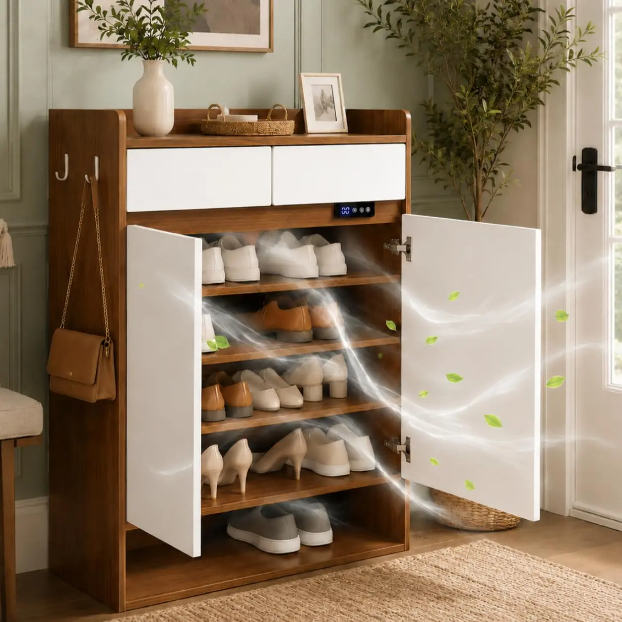 Shoe Cabinet With Odor Control, 2 Doors, 2 Drawers, Entryway Storage, Customized