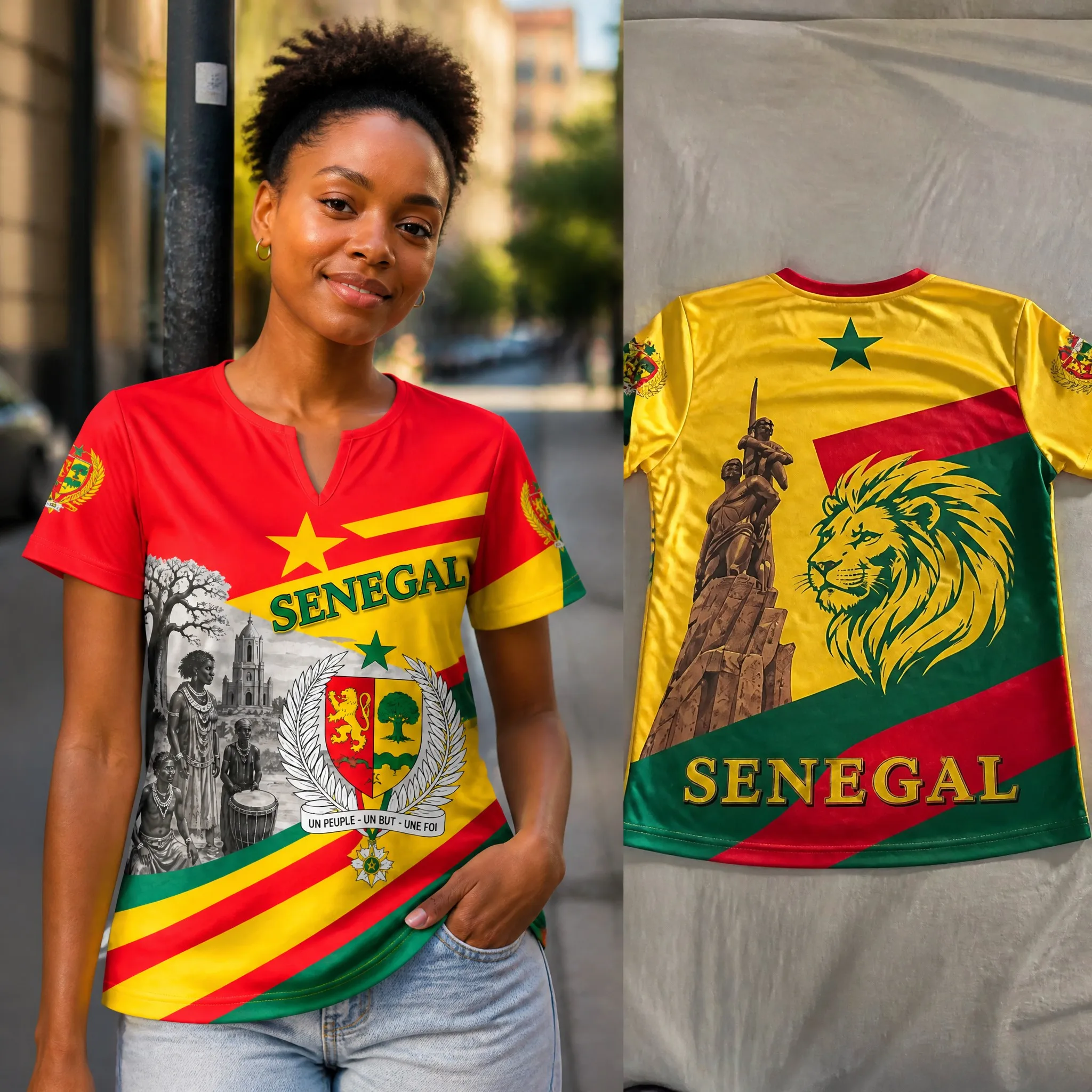 Womens Senegal Small V Neck T Shirt Red Yellow Green Culture Statue Crest Print Casual Summer Short Sleeve Top Pride Fashion Fit