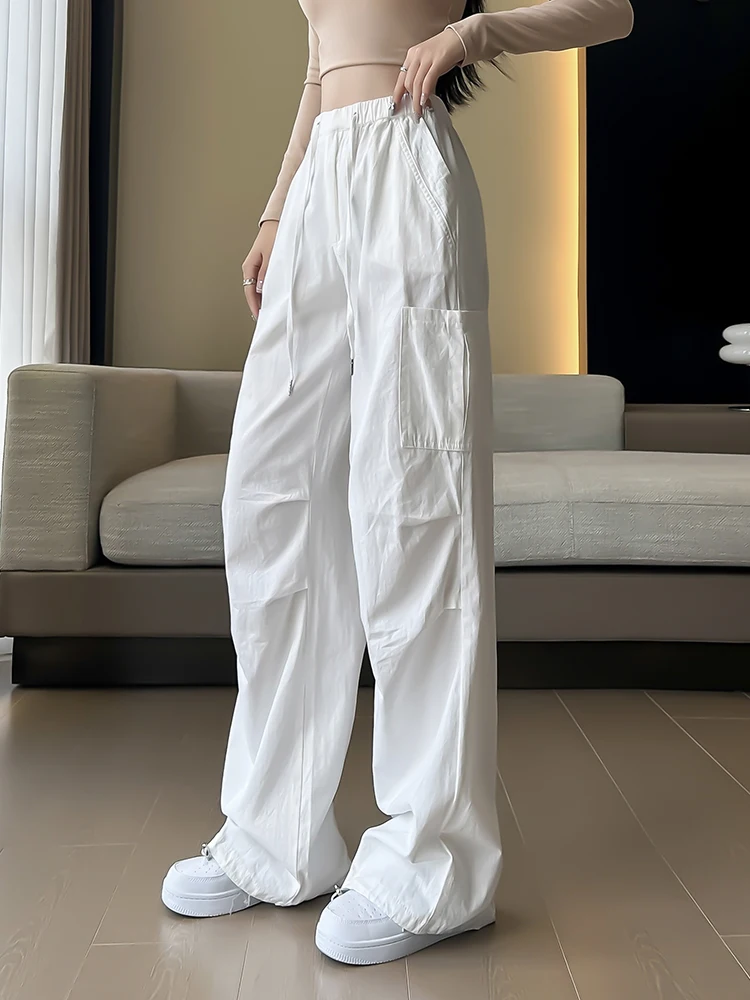 QOERLIN White Washed Pure Cotton Sweatpants Women Elastic Waist Wide Leg Casual Baggy Pants with Pocket Trousers Cargo Pants