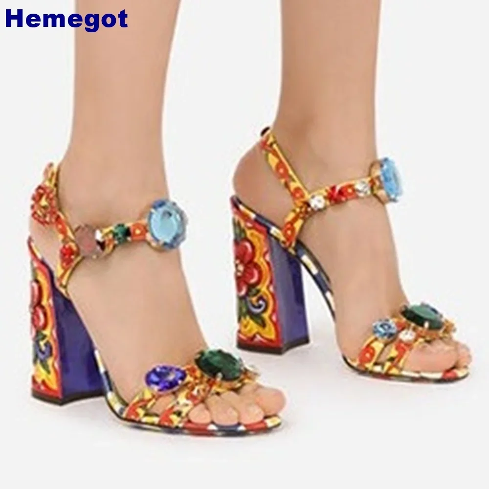 2026 Summer New Luxury Colorful Gemstone Women's Sandals Chunky Heel Crystal Printed Catwalk Street Style Sexy Buckle Sandals