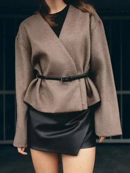 2024 Herbst und Winter Neuheiten TRF Damenbekleidung Weiche Langarmjacke mit V-Ausschnitt und Gürtel