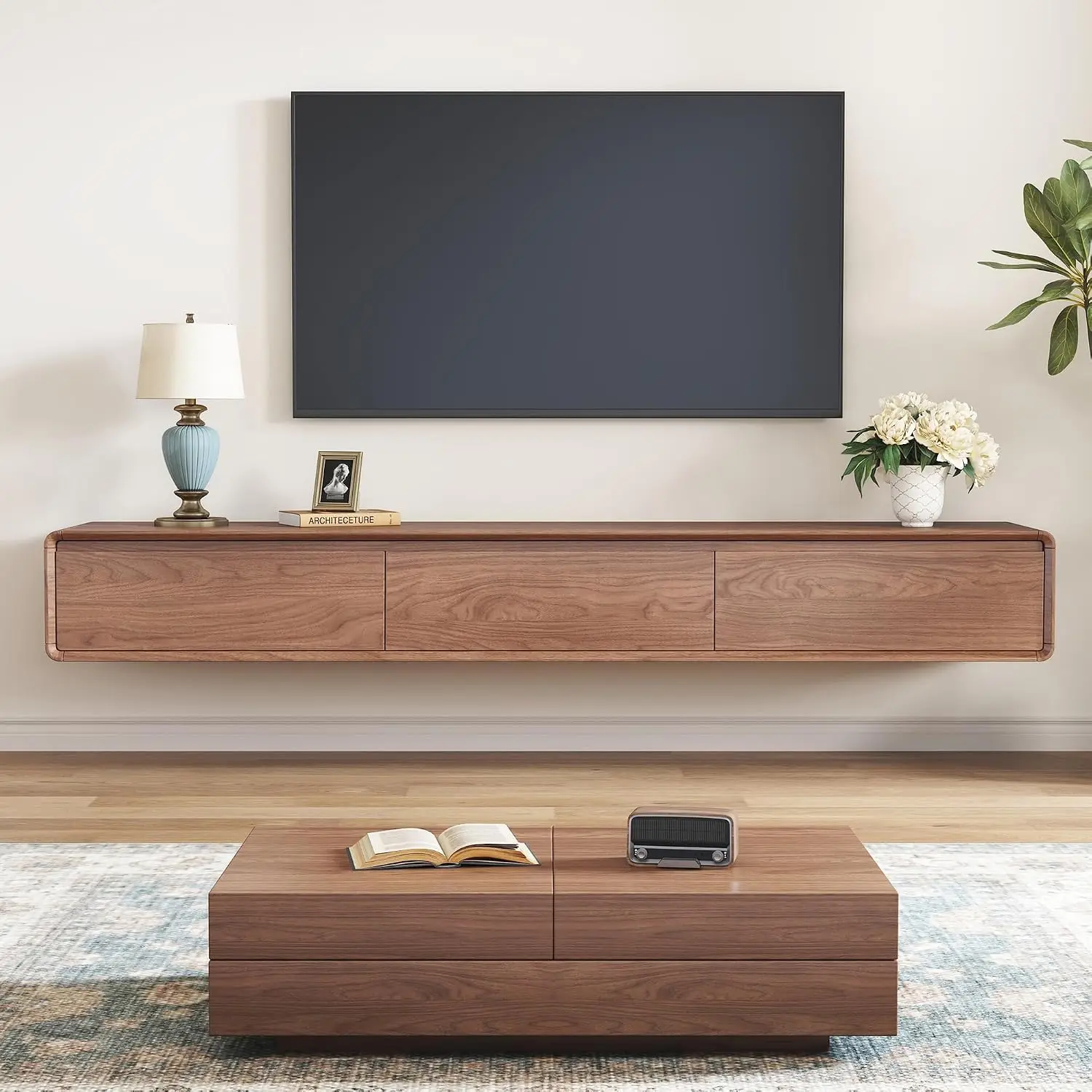 Wall Mounted Floating TV Stand With 3 Drawers, Media Console For 65-100 Inch TV Living Room, Walnut 94.49