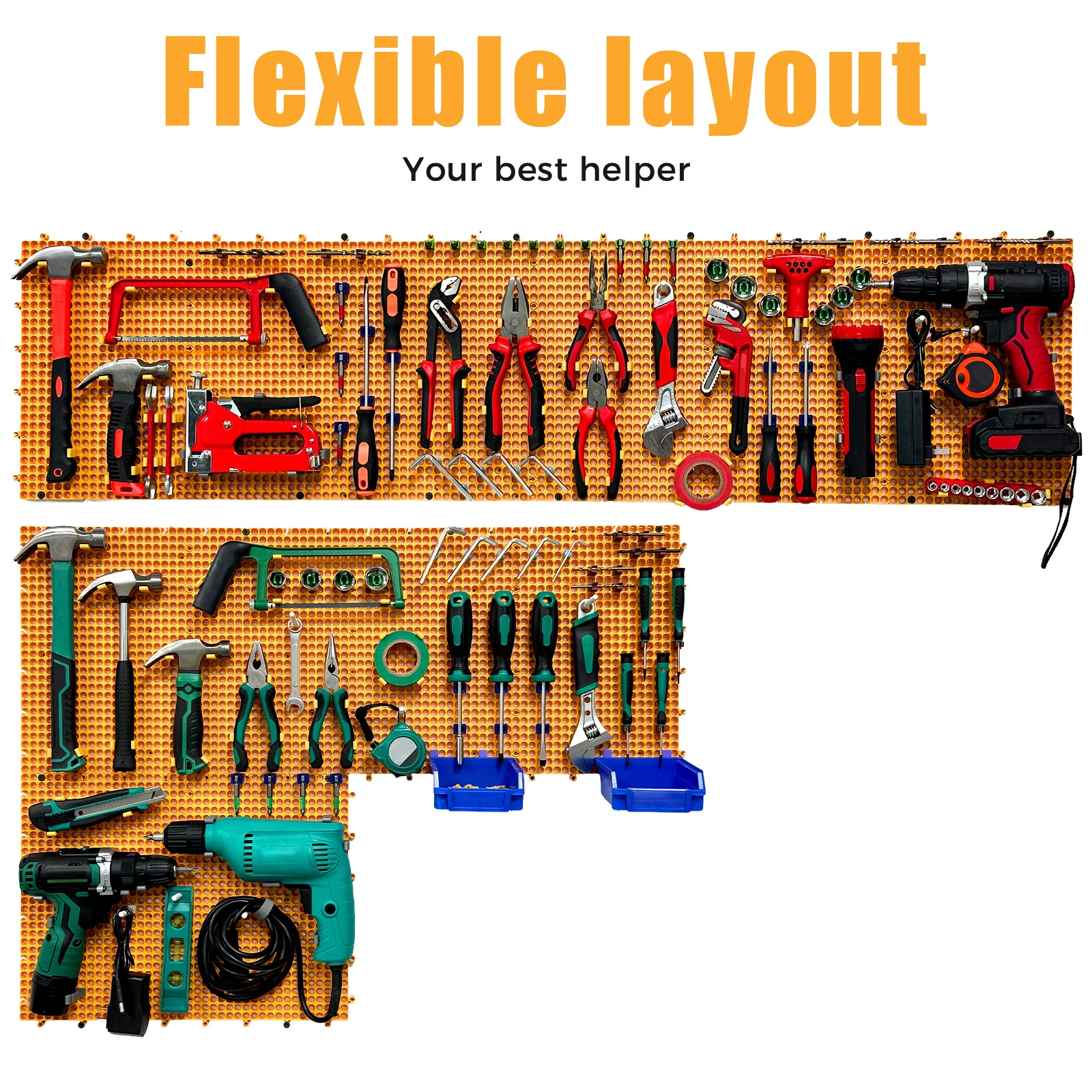 6 pcs yellow plastic peg board set 200 accessories, rust-proof, non-sagging,  Garage Peg Board Wall Pegboard Organizer