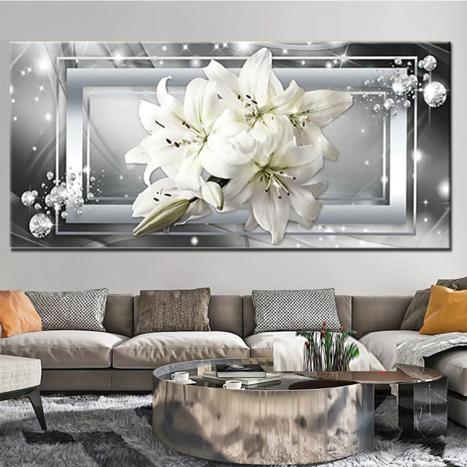 

White Lilies Silver Diamond Mosaic Full Drill Diy Diamond Painting Cross Stitch Embroidery Flower Picture Of Rhinestone