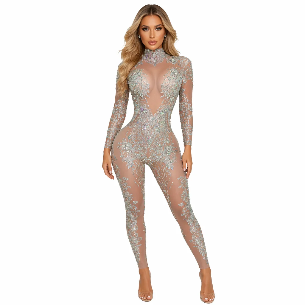Mono sexy long sleeves night club party rhinestone jumpsuits women slim fit rompers gogo dancer bodysuits show festival outfit