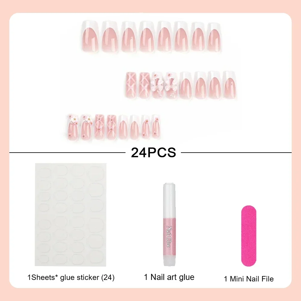 24Pcs Long Diamond False Nail 3D French Love Bow with Pearl Flower Press on Nails Removable Fake Nail For Women and Girls